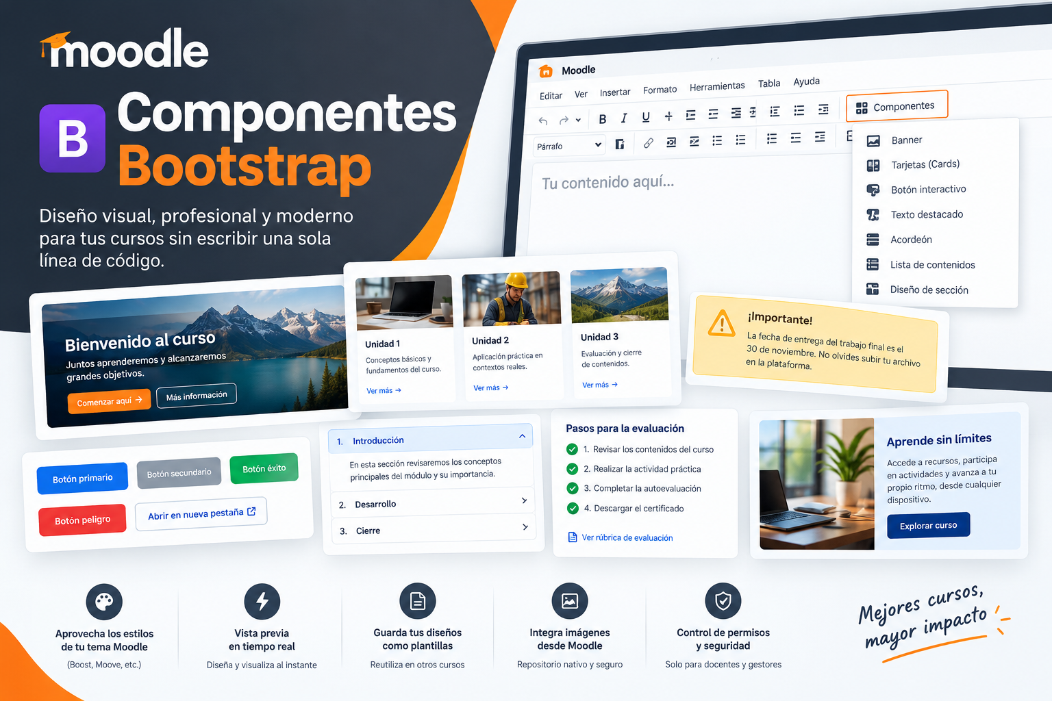 Componentes Bootstrap para Moodle: diseña cursos sin escribir código